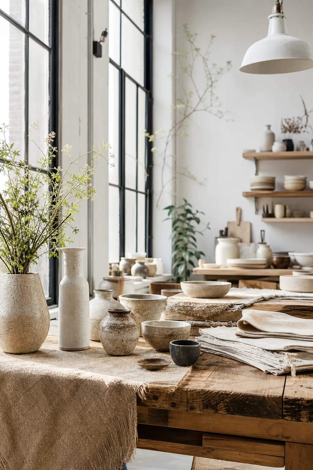 The Nook & Grain studio — natural light, raw wood and warm linen